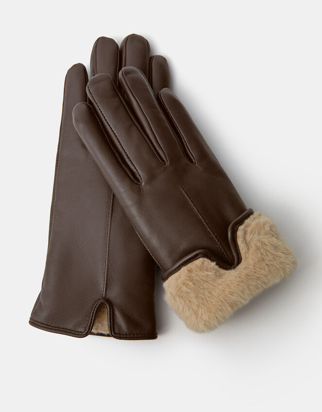 Faux Fur Lined Leather Gloves, Brown (CHOCOLATE), large