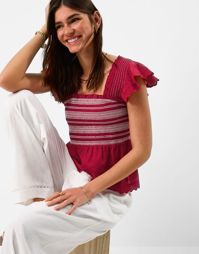 Smocked Broderie Top, Red (RED), large