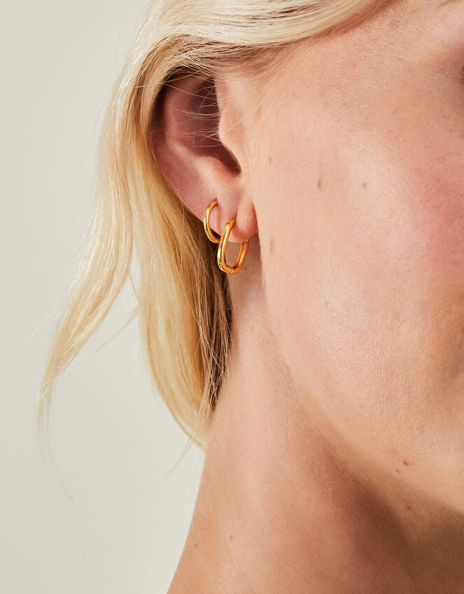 14ct Gold-Plated Rectangular Hoop Earrings, , large