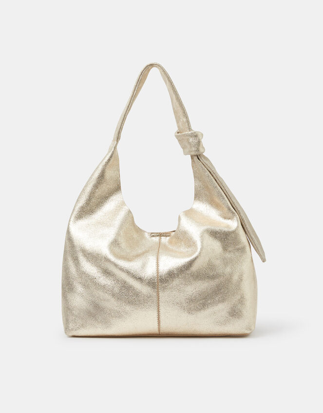 Slouchy Knot Leather Shoulder Bag, Gold (GOLD), large