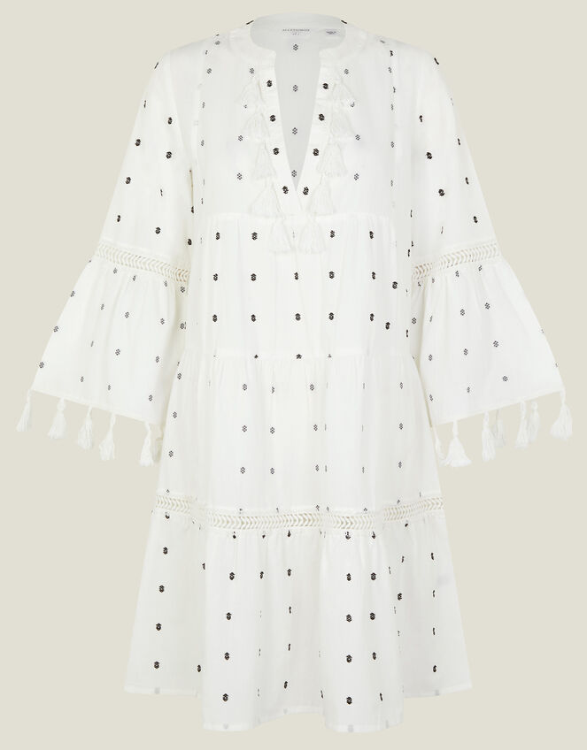 Dobby Tassel Dress, White (WHITE), large