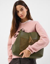 Slouchy Tassel Charm Shoulder Bag, Green (OLIVE), large