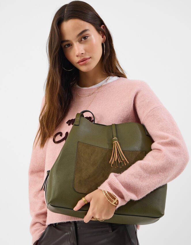 Slouchy Tassel Charm Shoulder Bag, Green (OLIVE), large