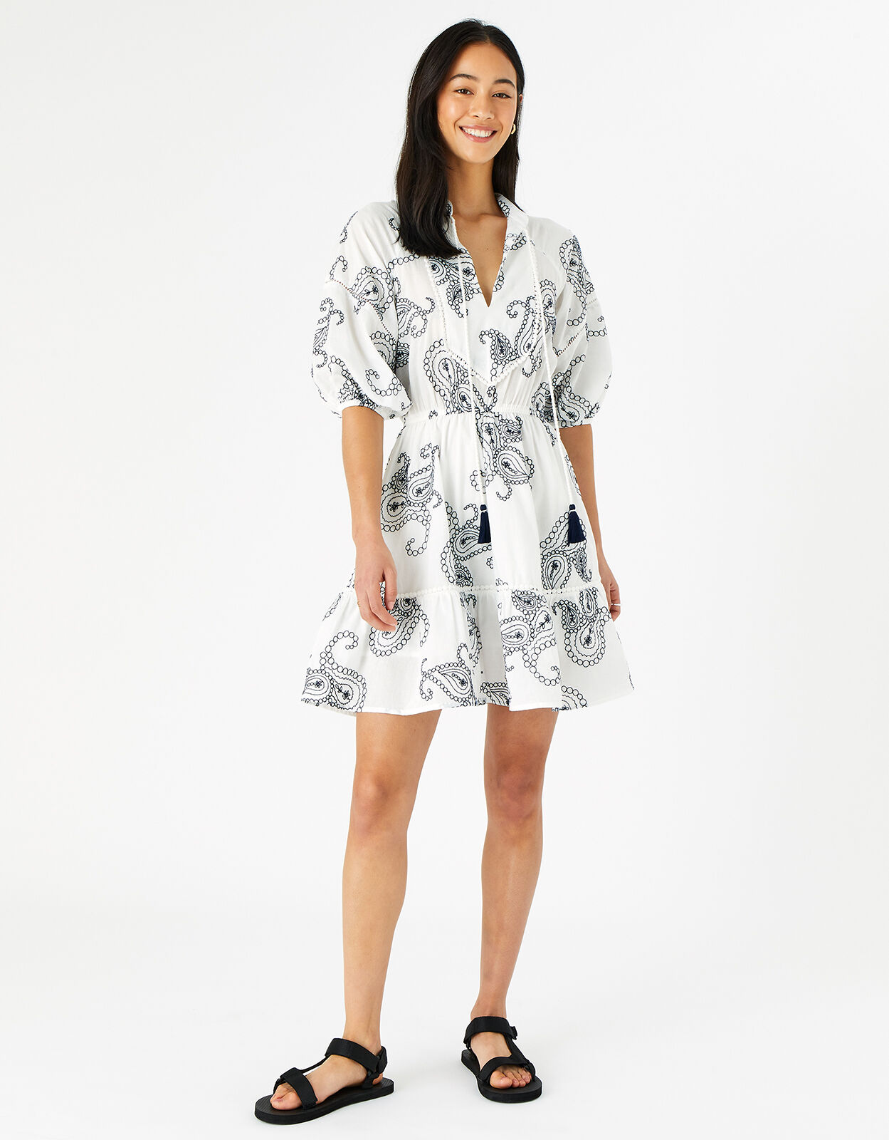 Embroidered Tassel Tie Dress Blue 