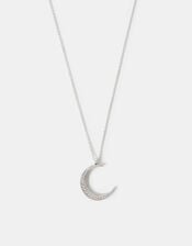 Sterling Silver-Plated Sparkle Moon Pendant Necklace, , large