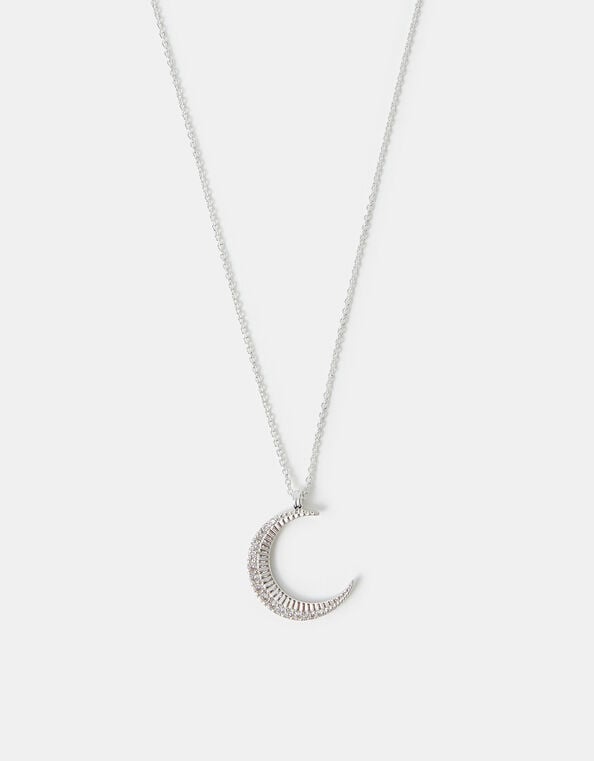 Sterling Silver-Plated Sparkle Moon Pendant Necklace, , large