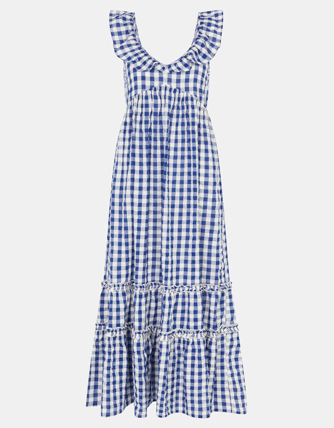Gingham Print Ruffle Midi Dress, Blue (NAVY), large
