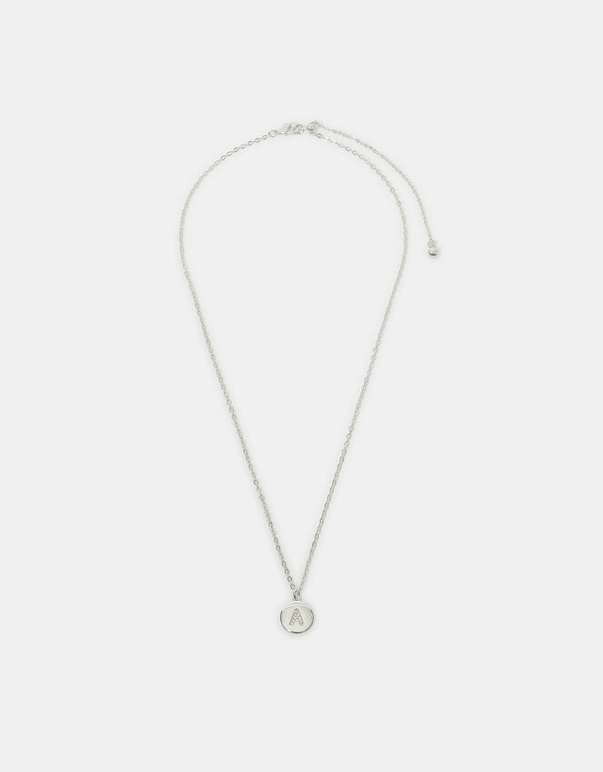 Sterling Silver-Plated Diamante Initial Round Pendant Necklace, Silver (ST SILVER), large