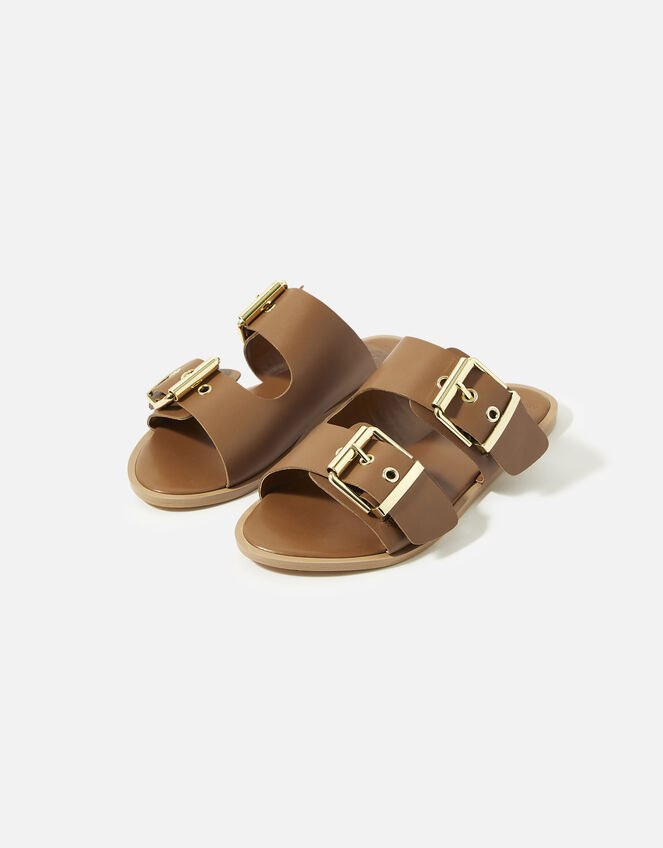 Chunky Buckle Leather Sandals , Tan (TAN), large