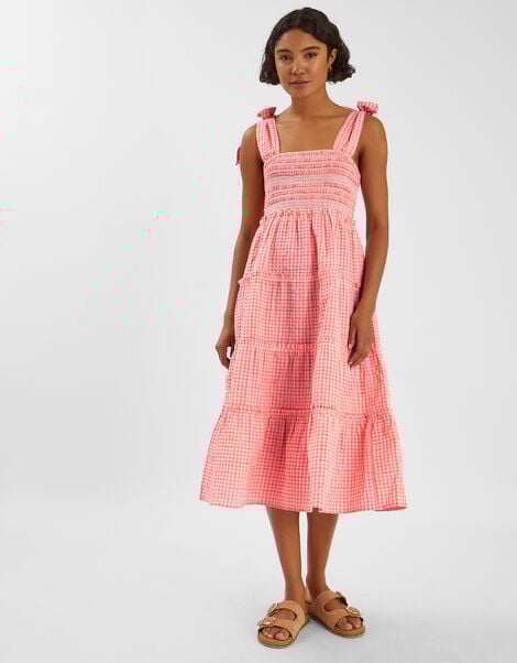 Gingham Smocked Frilly Midi Dress, Orange (CORAL), large