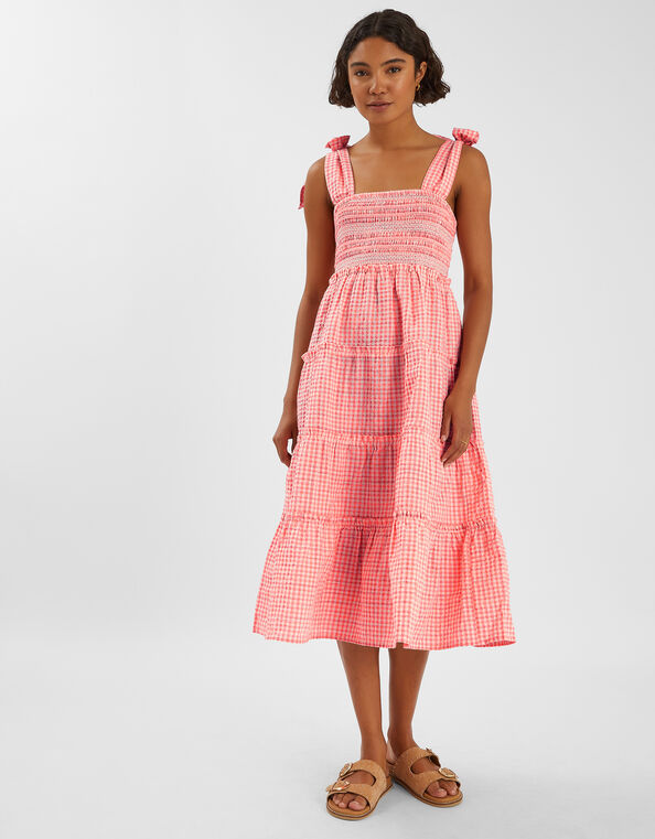 Gingham Smocked Frilly Midi Dress, Orange (CORAL), large
