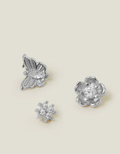 3-Pack Platinum-Plated Surgical Steel Flower Flatback Stud Earrings, , large