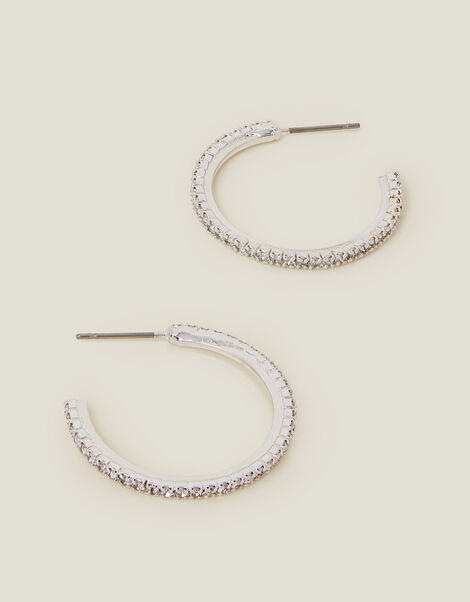 Sterling Silver-Plated Pavé Hoop Earrings, , large