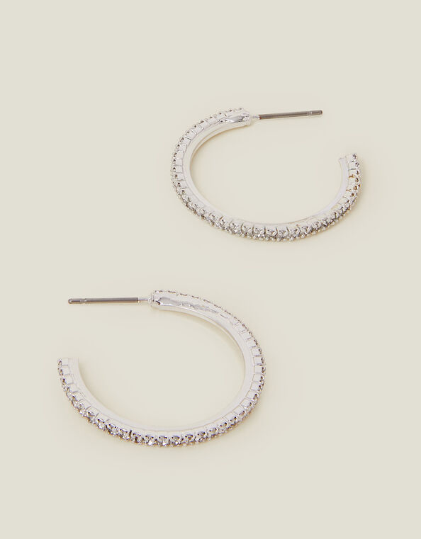 Sterling Silver-Plated Pavé Hoop Earrings, , large