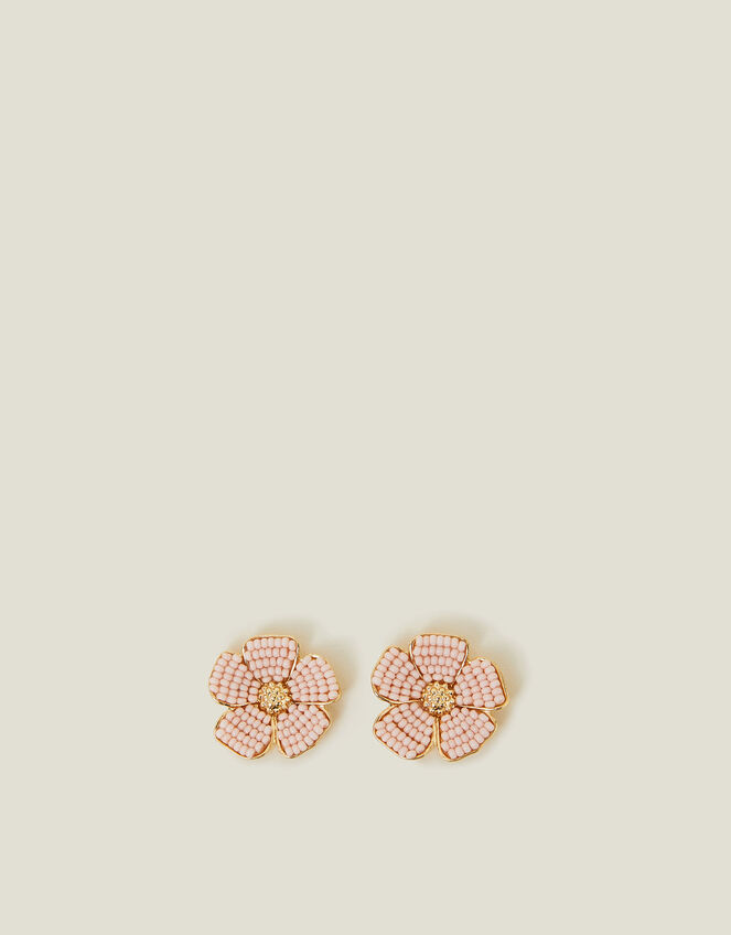 Large Beaded Flower Stud Earrings, , large