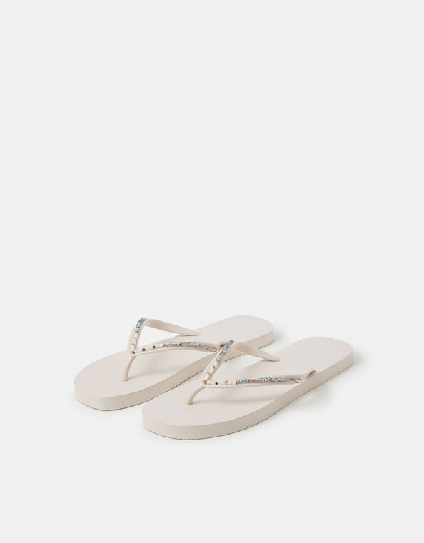 Bead Embellished Flip Flops, White (WHITE), large