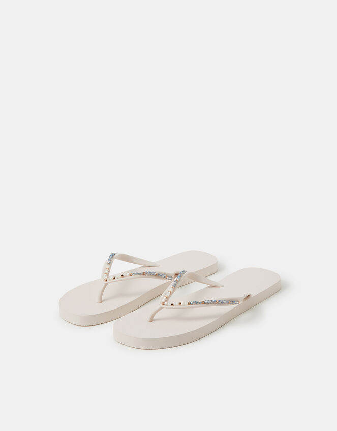 Bead Embellished Flip Flops, White (WHITE), large