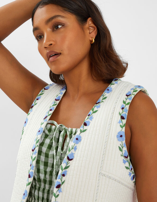 Floral Embroidered Quilted Waistcoat, Ivory (IVORY), large