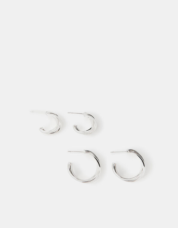 2-Pack Sterling Silver-Plated Twisted Hoop Earrings, , large