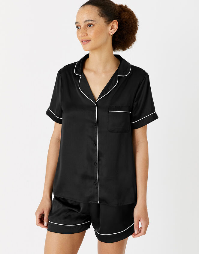 Satin Button Down Pyjama Set, Black (BLACK), large