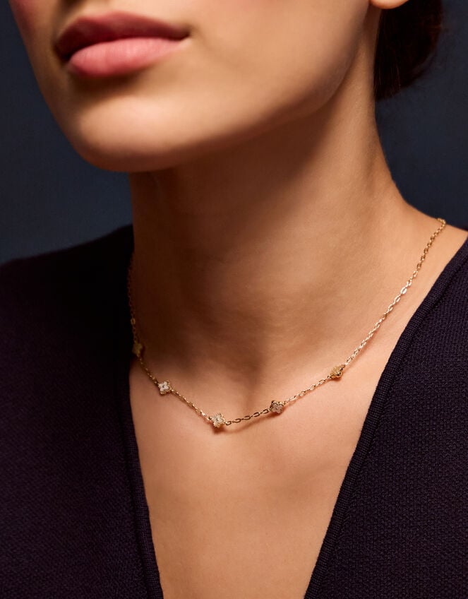 14ct Gold-Plated Mother of Pearl Clover Station Necklace, , large