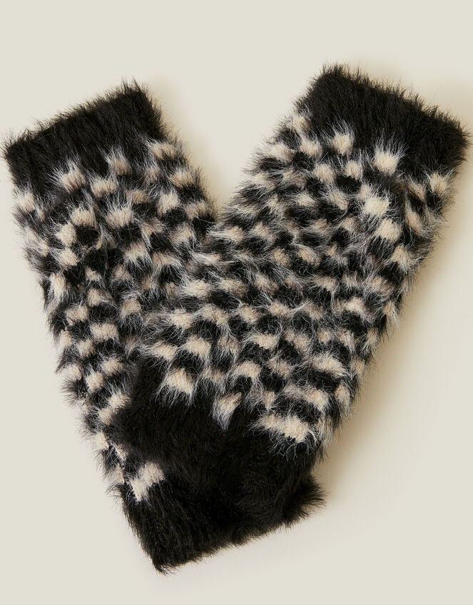 Fuzzy Checkerboard Fingerless Mittens, , large
