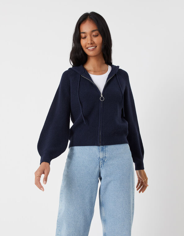 Zip Ribbed Knit Hoodie, Blue (NAVY), large