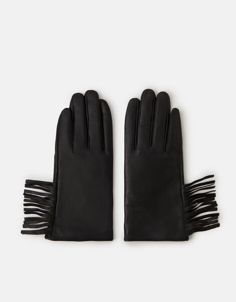Fringe Leather Gloves, Black (BLACK), large