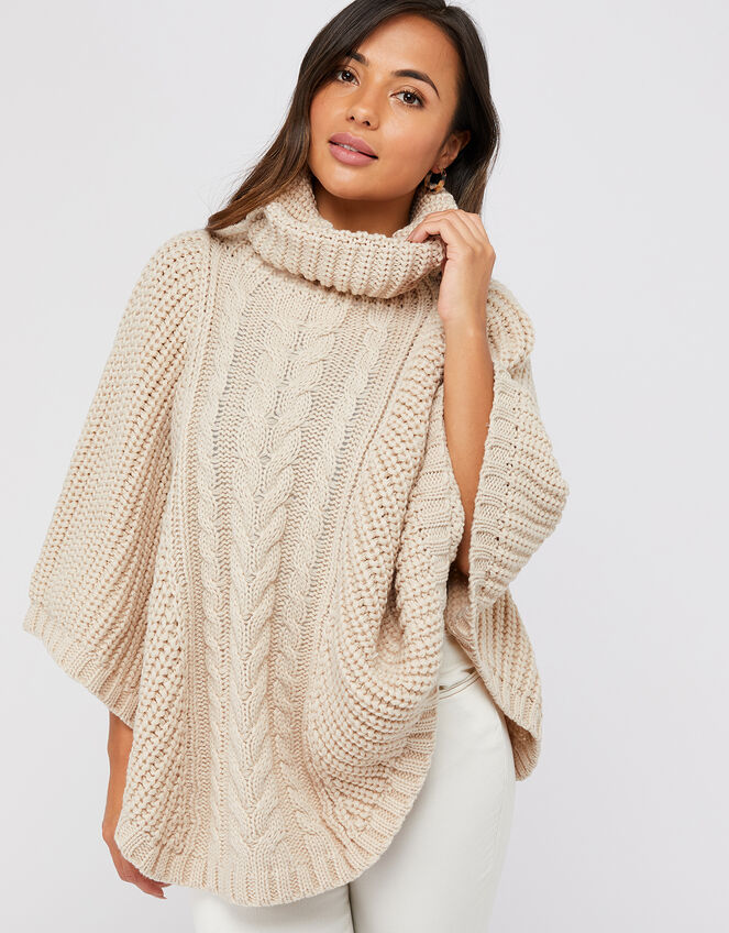 Chunky Cable Knit Poncho, Natural, large