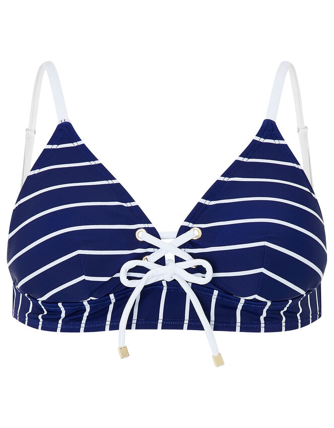 Striped Lace-Up Bikini Top, Blue (NAVY), large