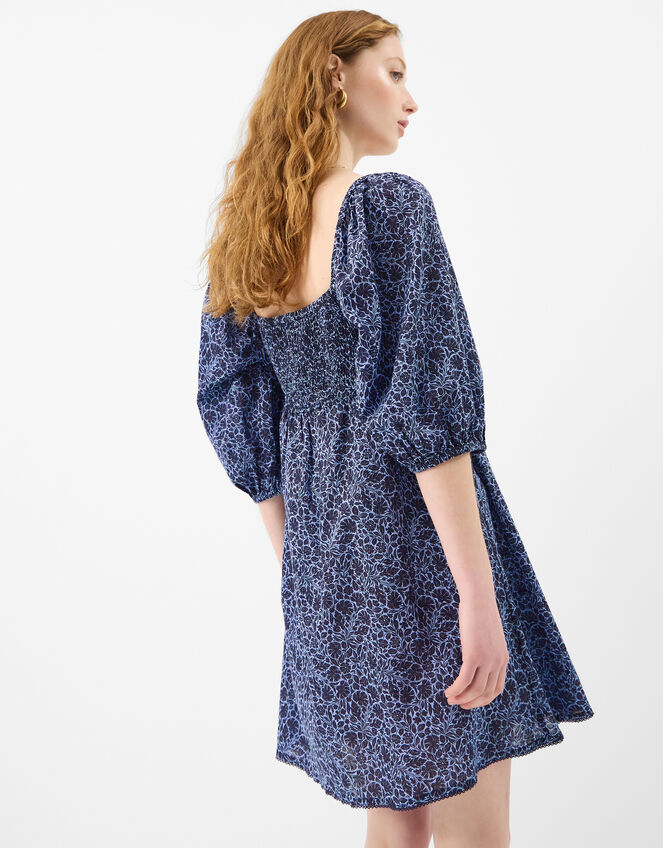 Floral Print Puff Sleeve Mini Dress, Blue (BLUE), large