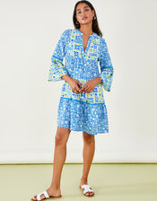 Retro Tile Print Dress, Blue (BLUE), large