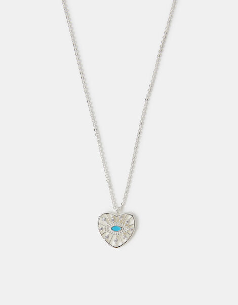 Sterling Silver-Plated Evil Eye Heart Pendant Necklace, , large