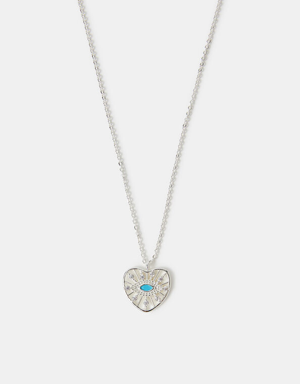 Sterling Silver-Plated Evil Eye Heart Pendant Necklace, , large