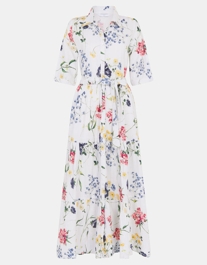 Floral Print Belted Maxi Dress, Ivory (IVORY), large