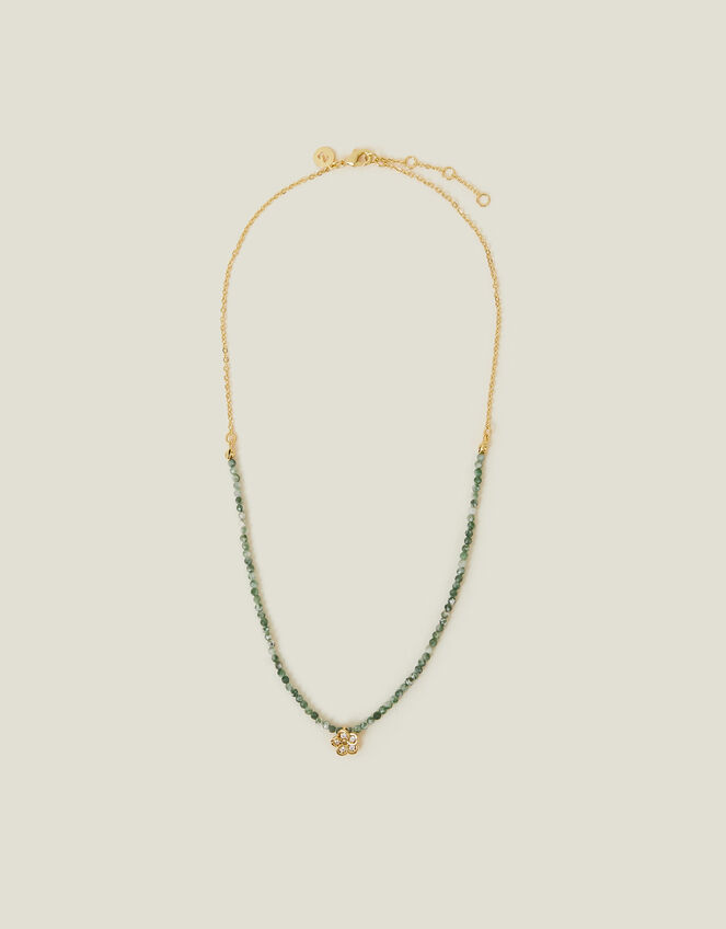 14ct Gold-Plated Flower Pendant Jade Bead Necklace, , large