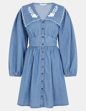 Embroidered Collar Denim Mini Dress, DENIM, large