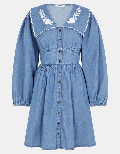Embroidered Collar Denim Mini Dress, DENIM, large
