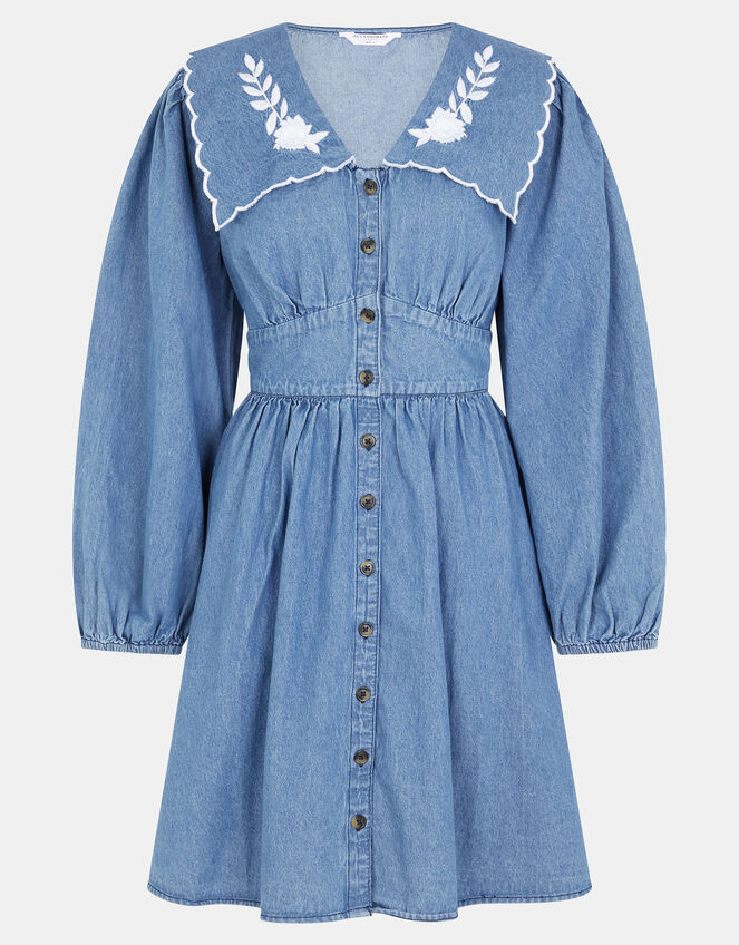 Embroidered Collar Denim Mini Dress, DENIM, large