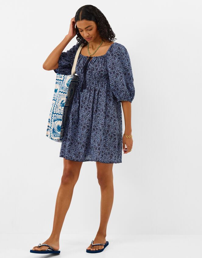 Floral Print Puff Sleeve Mini Dress, Blue (BLUE), large