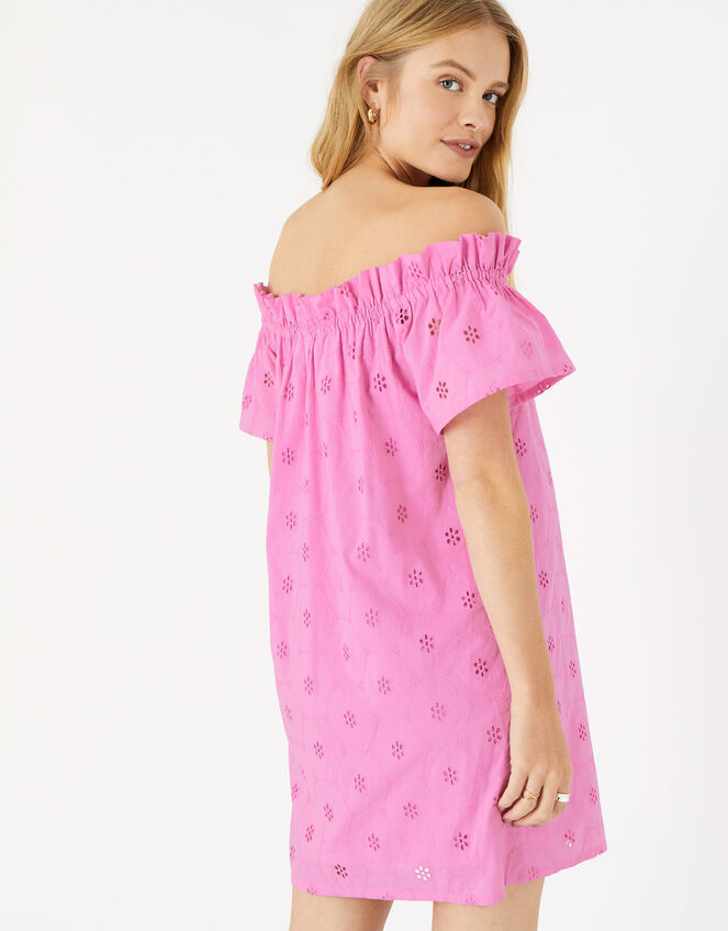 Schiffli Bardot Dress in Organic Cotton, Pink (PINK), large