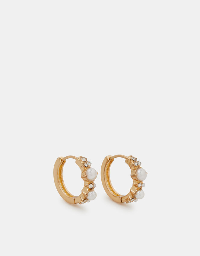Mini Diamanté Pearl Encrusted Hoop Earrings, , large