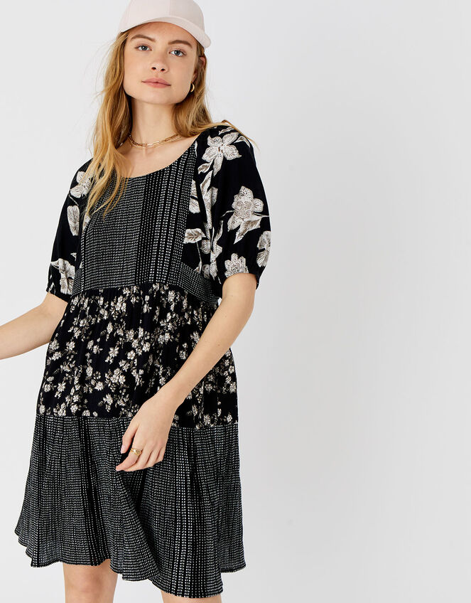 Monochrome Floral Puff Sleeve Mini Dress, Black (BLACK WHITE), large