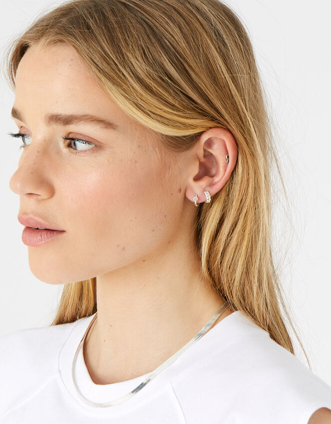 Plain Chain Crystal Hoops Set of Three, Silver (SILVER), large
