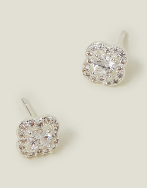 Sterling Silver-Plated Diamanté Clover Stud Earrings, , large