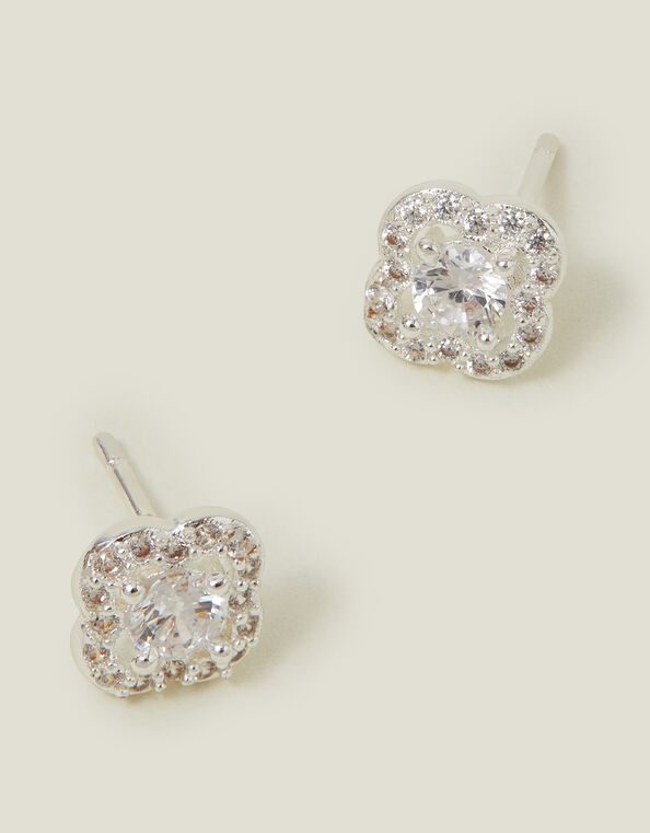 Sterling Silver-Plated Diamanté Clover Stud Earrings, , large