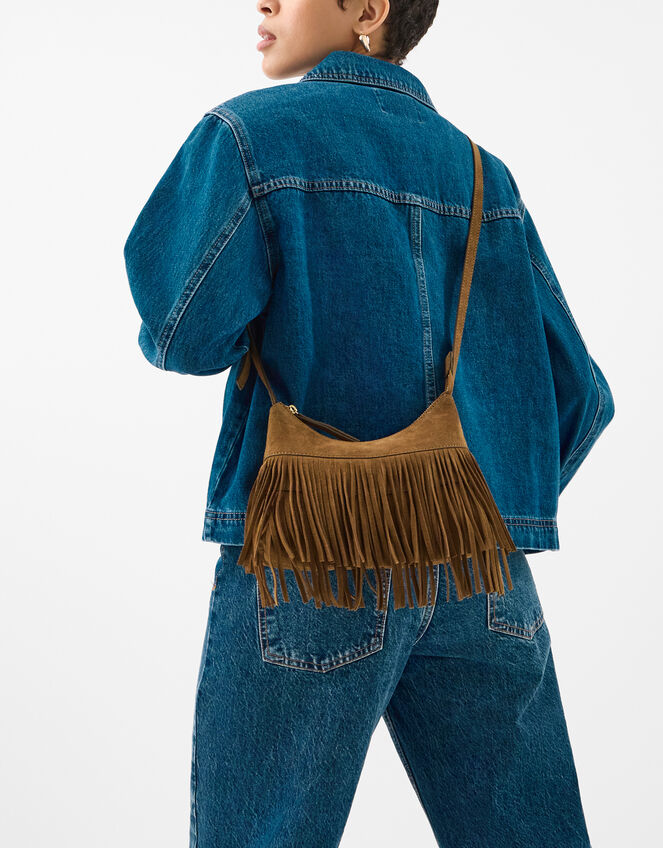Fringe Suede Crossbody Bag, Tan (TAN), large