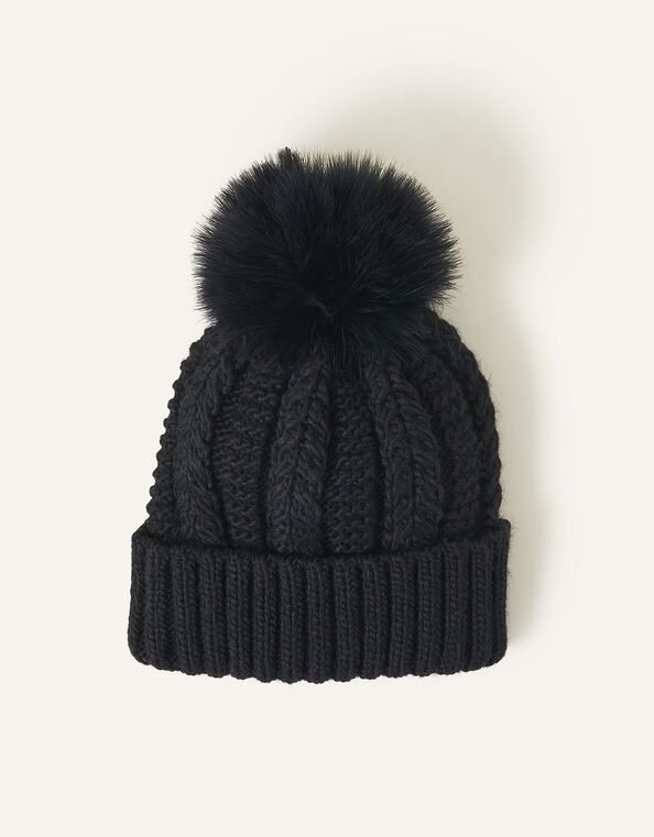 Faux Fur Pom-Pom Beanie Hat, Black (BLACK), large