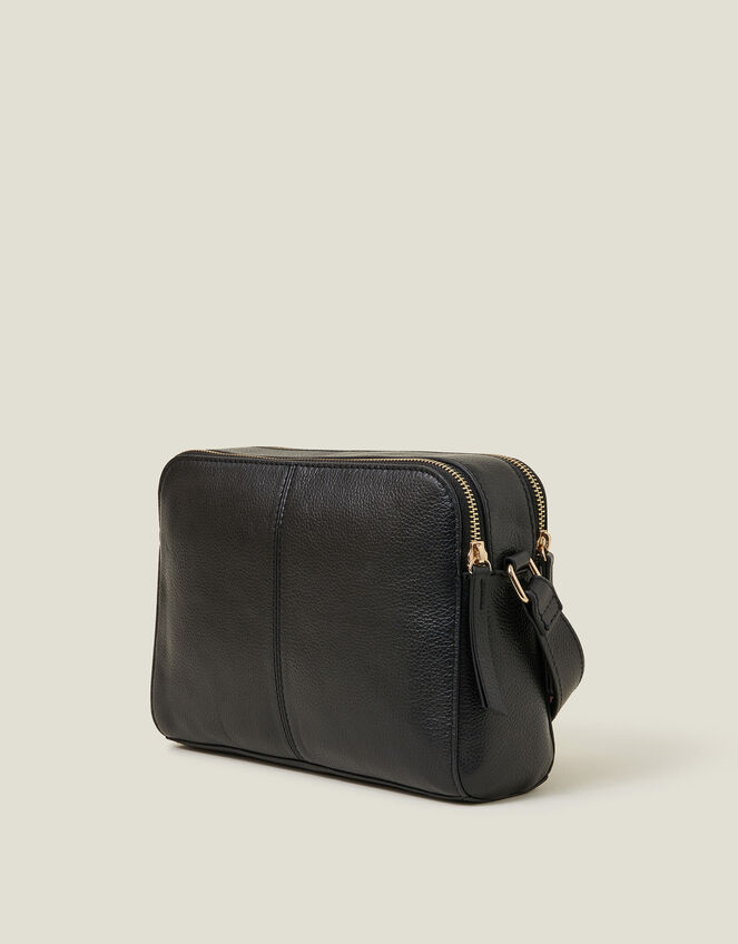 Double Zip Leather Cross-Body Bag, Black (BLACK), large