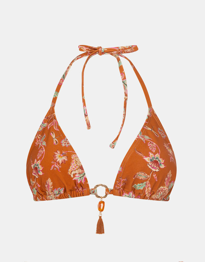Floral Print Triangle Bikini Top, Orange (RUST), large